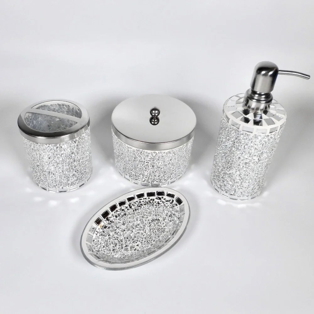 4 pc Mosiac Silver Mirror Glass Soap Dispenser Dish Jar Toothbrush Holder Bling